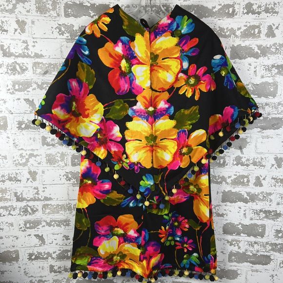 Vtg GoGo Dress Sz M Matching Shawl & Skirt‎ Handmade Bright Flowers Pom Pom Trim - Picture 3 of 16